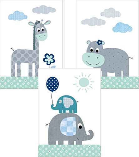 LALELU-Prints | A4 Bilder Kinderzimmer Poster | Zauberhafte Dschungel-Tiere mint | Babyzimmer Deko Junge Mädchen | 3er Set Kinderbilder (DIN A4 ohne Rahmen)