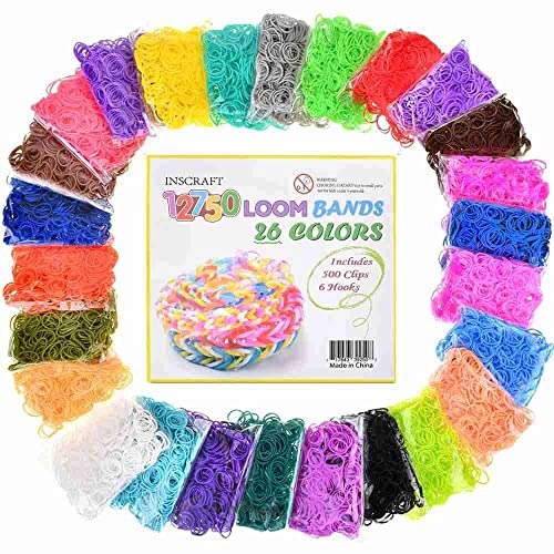 Inscraft 12750 Loom Bänder Set, 26 Farben Loom Gummibänder für Armbänder, Loop Armbänder set Kinder zum Halsketten und Gummi Armband basteln, Nachfüllset in 26 Farben mit 500 Clips, 6 Haken