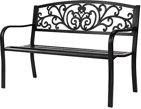 VINGLI Outdoor Bench for Patio Metal Garden Bench w/PVC Back Pattern, Black Park Benches Front Porch Benches for Yard Lawn Decor Deck Entryway (Black-Floral)