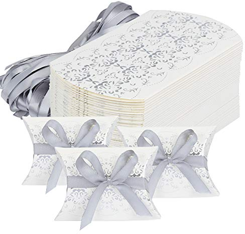 HSEAMALL Kissen-Form-Hochzeits-Geschenkboxen, Party-Geschenk-Box, Süßigkeiten-Box, 50 Stück Silver Print