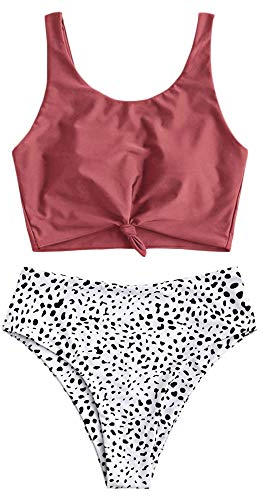 ZAFUL Zweiteiliger Beachwear Set, verknotet Oberteil mit Schulterträger & Tropisches Blattmuster Badehose (Kirschrot, S)