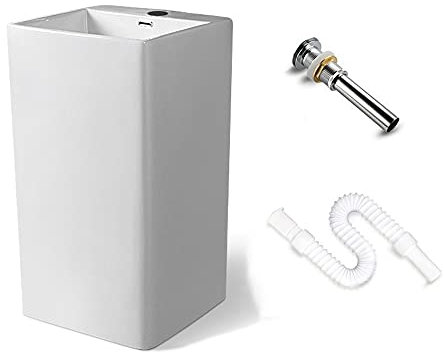 ALYHYB Badezimmer Cube L18.5 x W 18.5 x H 34.25 Quadratischer Boden stehend Voll-Sockel-Keramikwaschbecken mit Hahnloch- und Wasserablaufer-Set