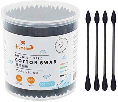 HOMEFOX Schwarze Wattestäbchen, präzise spitz, 200 Stück, organische Spitz-Wattestäbchen, doppelseitig, dicht gewickelt, anthrazit, Baumwollspitze, Papierstäbchen, weich, sanft, tierversuchsfrei,
