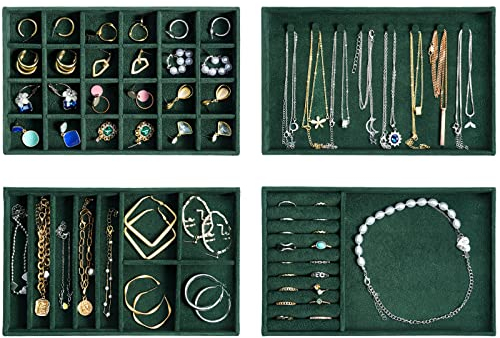 ProCase Schmucktablett Organizer mit 4 Schmuckschalen, Stapelbar Schmuck Schublade Organizer, Schmuckaufbewahrung für Ohrringe Ringe –Grün