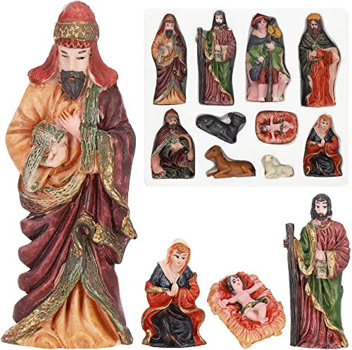 SPRINGOS 10 Krippenfiguren Jesuskind in Wiege Josef Maria DREI Heilige Könige Hirte mit Stock Lamm Stier Pferd