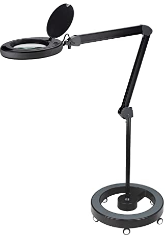Lumeno dimmbare LED Lupenleuchte 8515SW mit großer 152 mm Echtglaslinse, einstellbare Helligkeitsstufen, geeignet als Arbeitsleuchte, Lupenlampe, Lesehilfe, 5 Dioptrien mit Rollstativ Schwarz