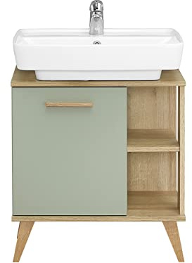 Pelipal Waschbeckenunterschrank Quickset 963 in Salbei Nachbildung/Riviera Eiche quer Nachbildung, 60,5 cm breit | Waschbeckenschrank ohne Waschbecken mit 1 Tür und seitliche Ablagefächer