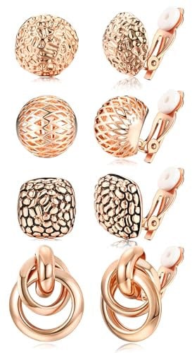 Kakonia 4 Pairs Clip On Earrings - Gold & Silver Hoop, Teardrop & Stud Designs - No Piercing, Fake Earrings Set