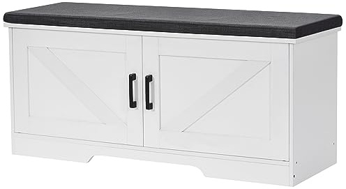 HOMSHO 2-Tier Storage Bench, 39.4 Wide Shoe Bench with Padded Seat Cushion, Entryway Bench with 2 Barn Doors and Adjustable Shelf, White