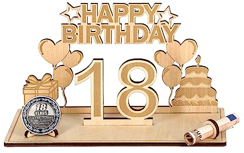 Giftota Originelle Geldgeschenk 18. Geburtstag, Kreative Geldgeschenk Holz mit Gedenkmünzen, Geschenke zum 18 Geburtstag Mädchen Junge