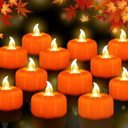 CESOF 12 Pack LED Orange Pumpkin Lights, Flameless Candles, Battery Operated, Halloween Flickering Tealight Candle for Home Table Indoor Party Decor