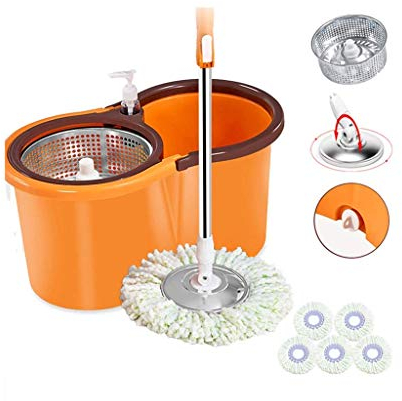 Cubo de fregona con Prensa giratoria, fregona autoescurrible giratoria y cubeta con Ruedas - Fregona Ajustable extendida con 2 Cabezales de fregona Extra de Microfibra
