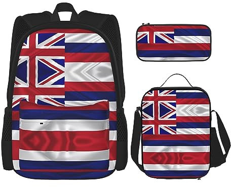 Rucksack Erwachsene Kinder Rucksack Daypack Schultasche Mit Mittagessen Tasche Und Federmäppchen Kombination Flagge Von Hawaii Amerikanischen Muster, Schwarz , One size