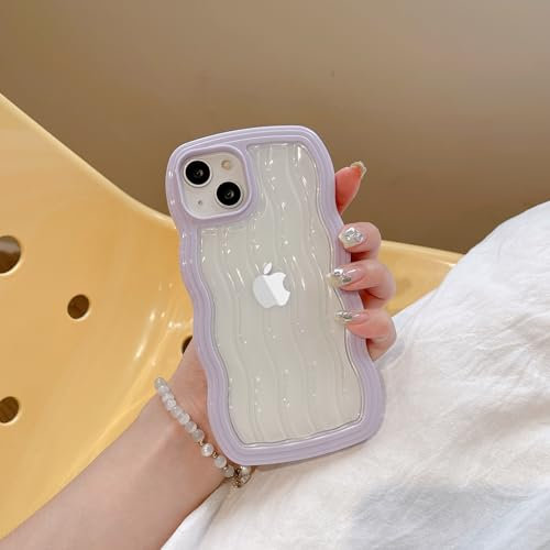 TINTON Compatible with iPhone 15 Clear Case with Wavy Edge, 2 in 1 Curly Frame Shape Squiggle Phone case, Shockproof Cute Fashion Transparent Case, Purple