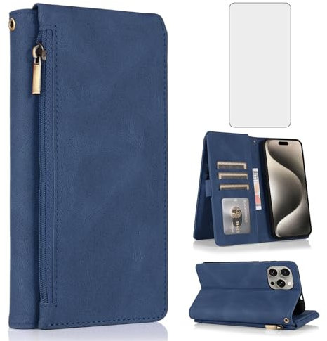 Compatible with iPhone 15 Pro Max 6.7 inch Wallet Case Screen Protector and Zipper Leather Flip Cover Card Holder Stand Cell Accessories for iPhone15promax 5G i Phone15Max Plus iPhone15 ProMax Blue