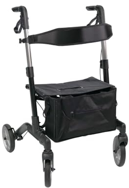 DMEone - Premium Rollator Mambo - schwarz - doppelt- faltbar und leicht mit Sitz - Aluminiumgestell - Nylontasche