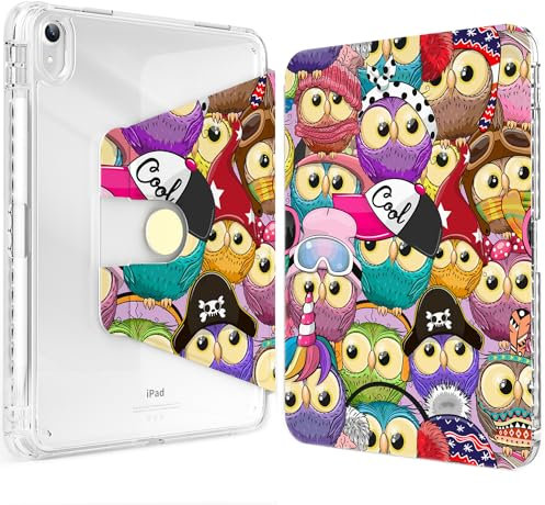 Ouinice Schlanke, leichte, drehbare Schutzhülle für iPad 10. Generation, iPad 10 Gen 27,7 cm (11 Zoll) 2022, transparente Rückseite, 360 Grad drehbar, mehrere Ständer, Schutz mit Stifthalter, Eulen
