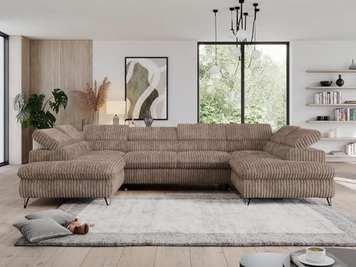 MKS MEBLE Cord Sofa U, Wohnlandschaft U-Form, Ecksofa mit Schlaffunktion und Bettkasten, Schlafsofa mit Bettkasten, Couch mit Verstellbare Kopfstützen - Pedro U - Braun Cord
