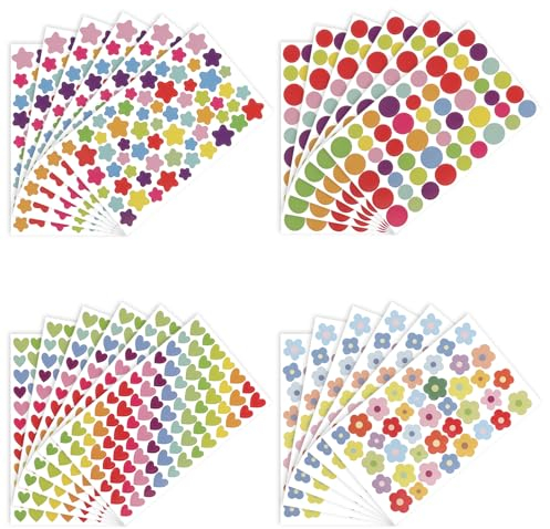 Piriuuo 1434 Stück Bunte Aufkleber für Kinder, Herz-Aufkleber Stern Aufkleber Runde Aufkleber und Blumen Aufkleber Set Kinder Belohnungssticker Selbstklebende Aufkleber für Scrapbooking (24 Blatt)