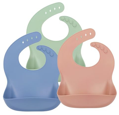 MOJINL Lätzchen Baby Wasserdicht, 3 Stück Silikon Lätzchen Baby mit Auffangschale, Abwaschbar Babylätzchen, Einstellbare Essen Fütterlätzchen für Jungen Mädchen (Enzianblau/Gelbgrün/Lehmbraun)