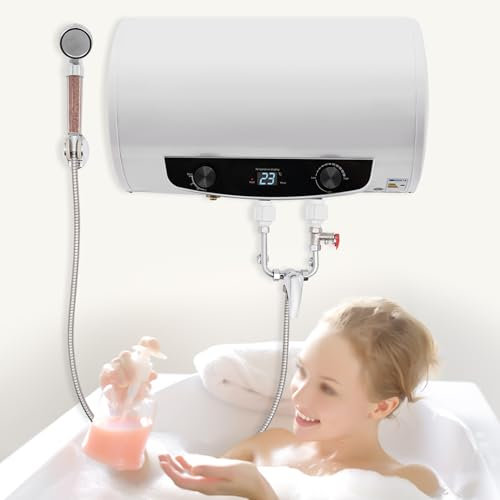 HUSPOO Elektrische Durchlauferhitzer, 30 L Warmwasserspeicher Dusche Boiler, Horizontal Elektrospeicher Warmwasserspeicher Boiler, 220V 2KW Wasserboiler mit Duscheinheit und Schlauch, 25-75°C