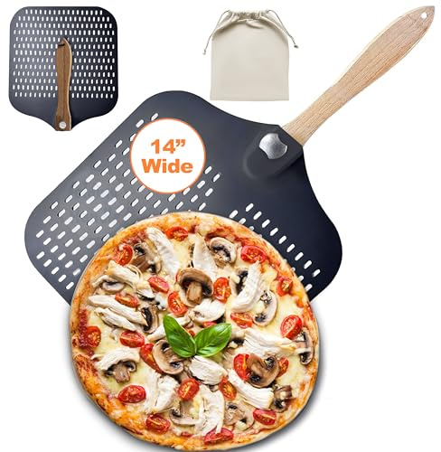 14 Perforated Pizza Peel,14 Wx 16 L, Extra Large Metal Pizza Peel 14 inch, Aluminum pizza peel 14 with Foldable Wood Handle and Storage Bag