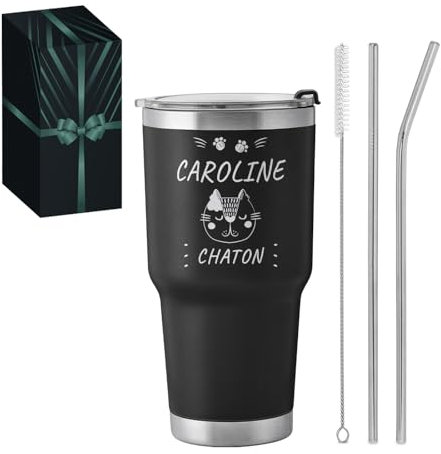 Maverton Mug Isotherme Noir 800 ml en Acier Inoxydable avec Brosse de Nettoyage - Gobelet avec Paille et Couvercle gravé - Cadeau Anniversaire Femme - Idee Cadeau Femme Chat