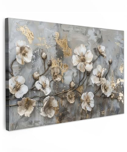 MuchoWow© Leinwandbild Groß 120x80 cm XXL Dekoration Wohnzimmer Bilder Pictures Wall Decoration Living Room Wohnungs Deko Moderne Bild Blumen - Weiß - Grau - Gold - Luxus