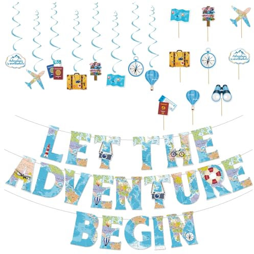 20 Stück Party-Dekorationen, Let The Adventure Begin, Wimpelkette, Banner, Weltkarte, Wimpel für Abschied, Abschied, Ruhestand, Reisen, Partyzubehör, Ruhestandsparty-Dekorationen