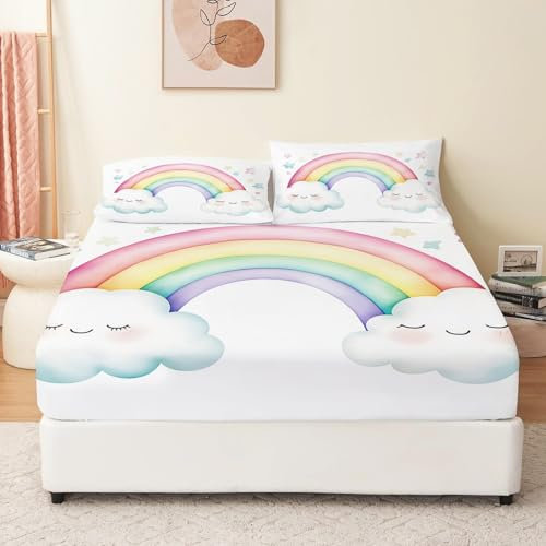 Spannbettlaken 90 x 190 cm Spannbetttuch Weiß 100% Mikrofaser Pastell Regenbogenwolken Aquarell Bettwäsche Bettlaken für bis 25-30 cm Matraze