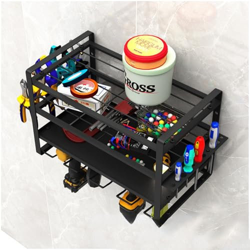 Power Tool Organizer Wall Mount, Heavy Duty Drill Holder for 4 Power Drill Tools, Storage Rack for Cordless Drill with Side Screwdriver Rack and Hooks for Garage, Workshop, Mesh Design Tool Shelving