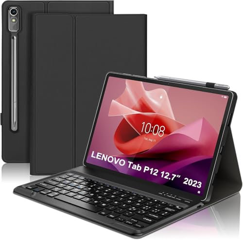 WAVATA Tastiera per Lenovo Tab P12 2023 12.7, Custodia Tastiera per Lenovo Tab P12 2023 Bluetooth Magnetica Staccabile Cover con Tastiera QWERTY Layout, Nero