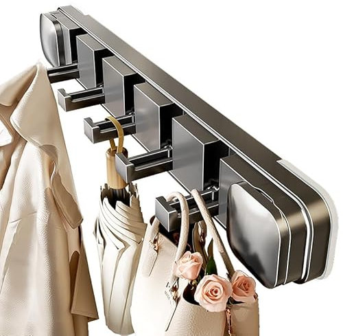 Kleiderhaken Klappbar ohne Bohren, Garderobenhaken mit Saugnapf Haken, Gaderobe Wand mit Klappbar 5 Haken, Moderne Garderobenleiste Platzsparende für Badezimmer Schlafzimmer Wohnzimmer Küche(Grau)