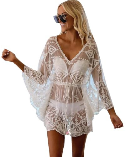 HAXNOHEY Mujer Vestidos de Encaje Playa Rejilla Cubre Traje de Baño Vestido Tunica de Playa Bikini Cover Up Vestidos de Playa Elegantes