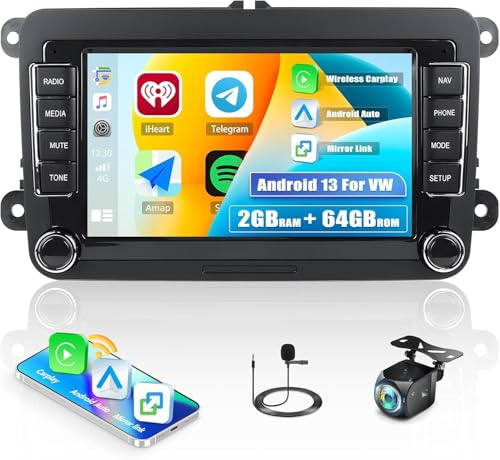 SIXTOP 2G+64G Android 13 Car Stereo for VW Polo Golf 5 6 Tiguan Transporter T5 Caddy with Wireless CarPlay Android Auto, 7 Touch Screen Bluetooth Car Radio GPS Navi WiFi FM/RDS + Reversing Camera