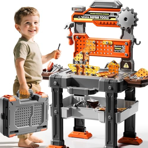 DULONIME 2 in 1 Workbench Tools Toys Set with Sound for Toddlers Aged 3-5, 145 PCS Educational Construction Mechanic Toolbox for Boys Girls, Pretend Play Toys Birthday Gift for Kids 3 4 5 6 Years Old