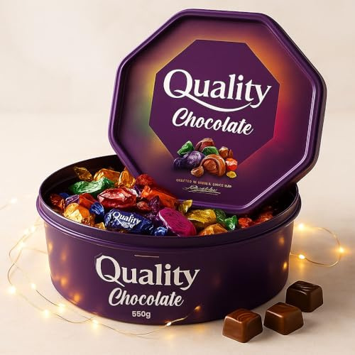 BML 550g Quality Assorted Chocolates Tin Mix of Milk Chocolate with Toffee Fudge Sharing Sweets Gift Box for Christmas Halloween Parties Birthdays Everyday Sweet Treats