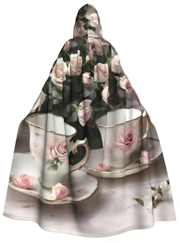 YQxwJL Tea Cups with Roses Romantic Shabby print Halloween Hooded Robe Cloak for Adult Men Women Wizard Vampire Knight Fancy Cape Costume