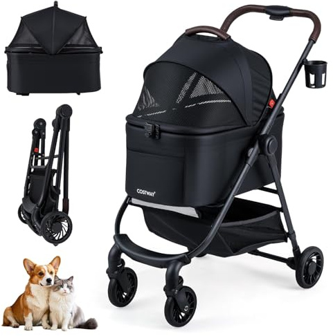 FANTASK 3 in 1 Hundewagen, Hundebox Tragetasche bis 15 kg mit verstellbarem Netzdach & Korb & Getränkehalter, Haustier Buggy klappbar, Hundebuggy für Hunde Katzen Haustiere (Schwarz)