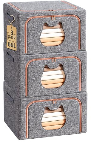 Ruucy 3 Pack Clothes Storage Bag 66L, Foldable Oxford Cloth Storage Box with Steel Frame & Clear Windows, Stackable Wardrobe Storage Organiser for Clothes, Bedding, Blankets, Duvet, Grey