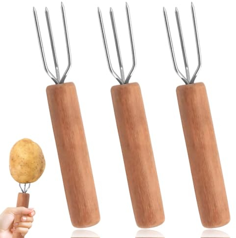 UYVPAER 3 Chocolate Forks, Potato Forks, Stainless Steel Potato Fork, Beech Wood Handle, Stainless Steel Salad Cutlery(A)