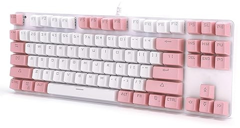 87 Key Mechanical Gaming Keyboard with Delicate Texture, Pink and White Backlight, Comfortable Operation for Gamers and Typists (White Pink with Cat Ears Decor)