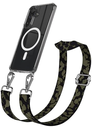 EAZY CASE Handykette - Verstellbares Taschenband kompatibel mit Galaxy S26 Plus, Schulterriemen, Handykordel mit Silikon Hülle, Qi Charging kompatibel, Umhängetasche, Dunkelgrün Camouflage Silber