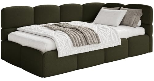 Selsey Jugendbett 120x200cm Olivgrün Bouclé Stoff mit Matratze und Lattenrost, gepolstertes Polsterbett mit Stauraum und Bettkasten, Jugendbett rechtsseitig mit Eckkopfteil, Bett für Kinderzimmer