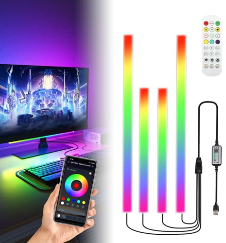 LED Gaming Beleuchtung, 4 Stück RGB LED Lightbar mit APP & Fernbedienung Monitor, 5V USB Monitor Backlight, Gaming Setup Deko mit Mehreren Modi, Timer- und Musikfunktion,Gaming Licht für PC TV Monitor
