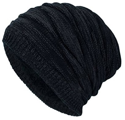 DD UP Winter Beanie Hat Men Warm Knit Long Slouch Skull Cap Thermal with Soft Fleece Lining Black