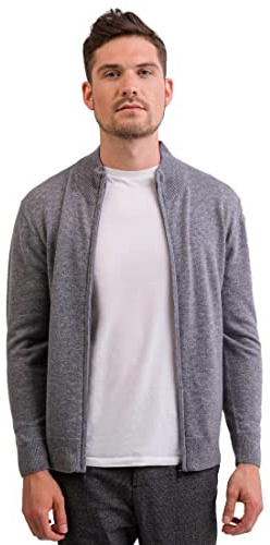 CASH-MERE.CH 100% Kaschmir Herren Pullover Cardigan mit Reißverschluss | Strickjacke mit Reißverschluss 2-fädig (Grau, M)