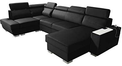 Robin Cezar Ecksofa Schlaffunktion Bettkasten Verstellbare Kopfstützen Sofa L-Form Schlafsofa Freistehende Eckcouch Schlafcouch Wohnzimmermöbel inkl. Laptoptisch Steckdose Schwarz
