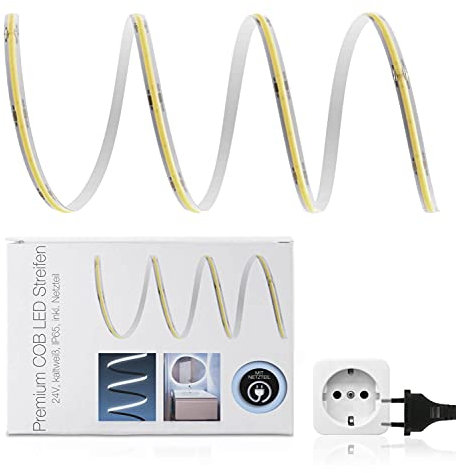 LED Universum COB LED Streifen Set kaltweiß mit Netzteil Band Strip Premium Filament 24V LED Streifen IP65 kaltweiss (5 Meter)