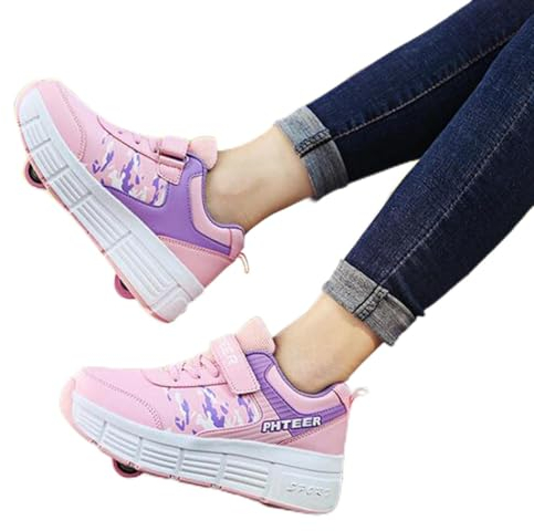 XRDSHY Unisex Kinder Schuhe Mit Rollen Skateboardschuhe Multisports Outdoor Gymnastik Skate Rollen Skateboard Schuhe Mädchen Junge Mode Turnschuhe Mit Rädern,Pink-31
